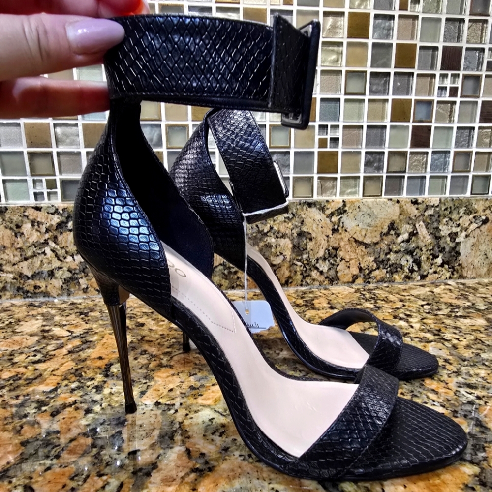 ALDO Black Snake Print Ankle Strap Stiletto Heels – Size 7